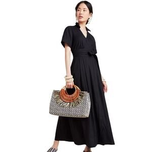 Maeve Black V-Neck Tie-Waist Maxi Dress